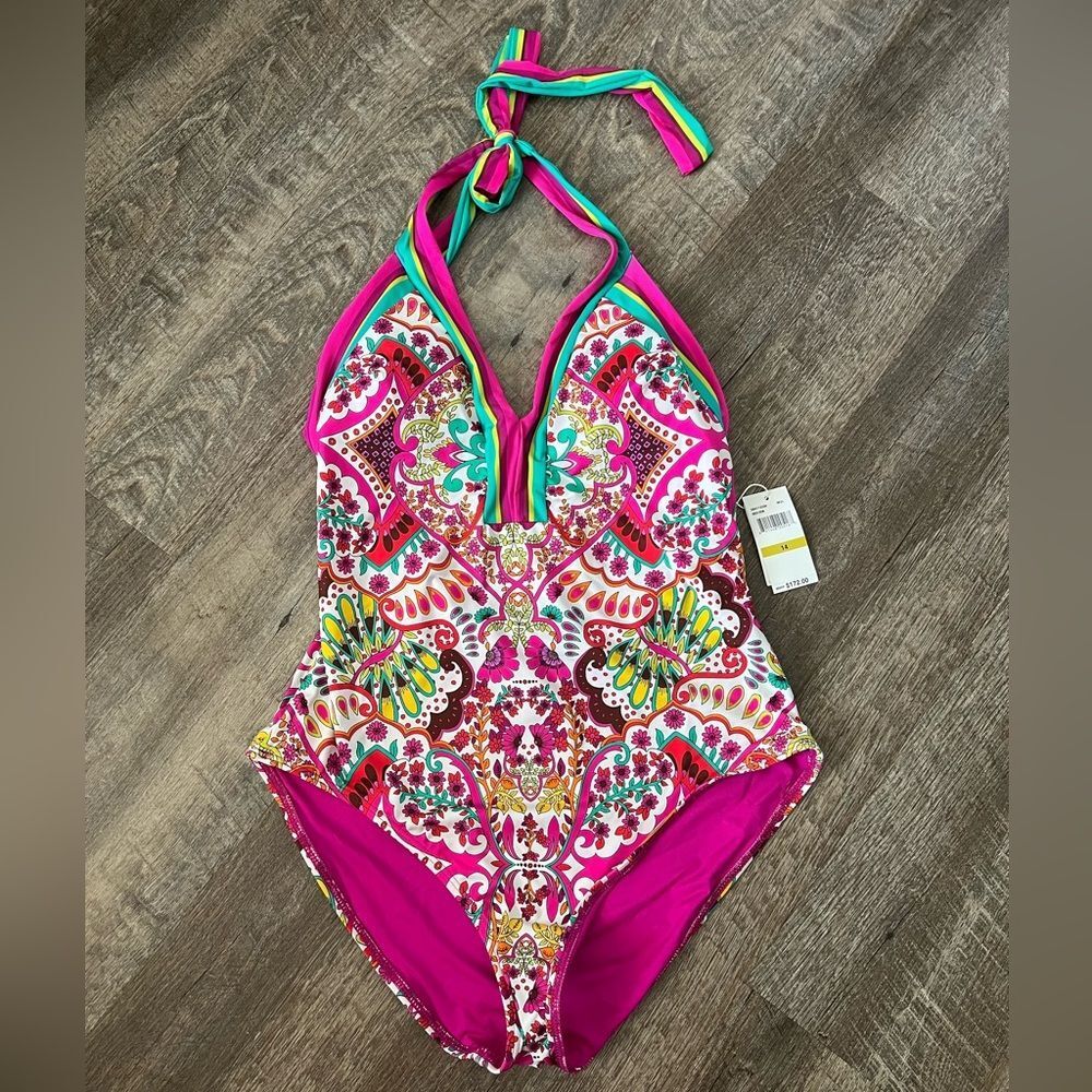 NWT Trina Turk Hawaiian Garden Border Halter Plunge One Piece Swimsuit-Size 14 - Picture 3 of 9
